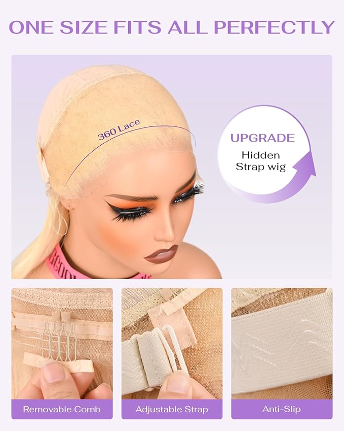 Hidden Strap Straight 360 613 Lace Front Wigs Human Hair Invisible Strap Pre Plucked 180% Density SALON-Quality Blonde Wig with Drawstring Glueless Wigs HD Full Lace Human Hair Wigs 20inch