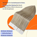 Full Shine Tape in Hair Extensions Human Hair 20 Inch Remy Human Hair Tape Extensions Highlighted Color 18 Ash Blonde and 613 Light Blonde Hair Extensions Tape Ins 20 Pcs 50Gram Adhesive Hair