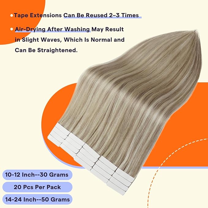 Full Shine Hair Extensions Tape in 20 Inch Color 18 Ash Blonde and 613 Blonde Tape in Hair Extensions Human Hair Natural Seamless Skin Weft 40PCS 100 Grams Fashion Invisible Straight for Wedding