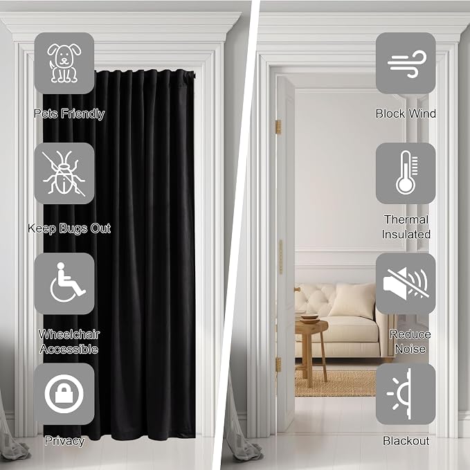 Black Doorway Curtain Soft Velvet Blackout Thermal Insulated Privacy Room - Image 4