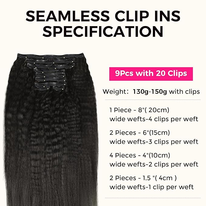 Lashey Seamless Clip in Hair Extensions Human Hair Kinky Straight 130g 9pcs 18 Inch Natural Black Invisible PU Weft Clip in Hair Extensions for Women