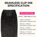 Lashey Seamless Clip in Hair Extensions Human Hair 150g 9pcs 20 Inch Kinky Straight Natural Black Real Human Hair Clip in Hair Extensions with Soft PU Weft