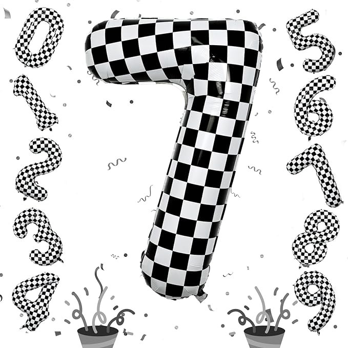 Number 7 Balloon for Boys, Giant Checkered Self Inflating Number 0-9 Set Decor by Isndare