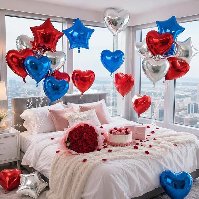 TONIFUL 18 Inch Blue Silver Red Star and Heart Foil Balloons - Image 7