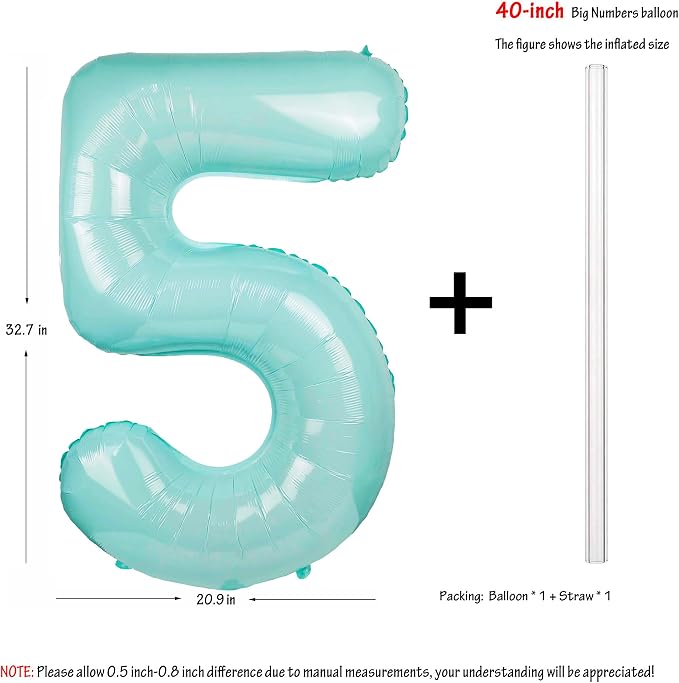 Macaron Blue Number 5 Balloon 40in Large Helium Foil Polyester Film Balloon | - Image 2