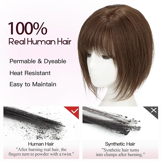 EMMOR 12 Inch Human Hair Topper for Women - Real Hair Topper with Bangs & 6.5" × 6.5" Larger Base, Natural Thin Hair Solution for Women(Brown)