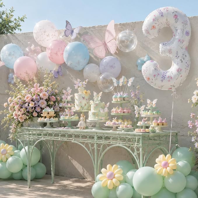 3rd Birthday Decorations for Girls, 40 Inch White Floral Number 3 Balloons | - Image 3