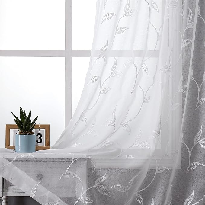 White Sheer Curtains Boho Leaf Floral Embroidered 54Wx120L | Light Filtering by VISIONTEX