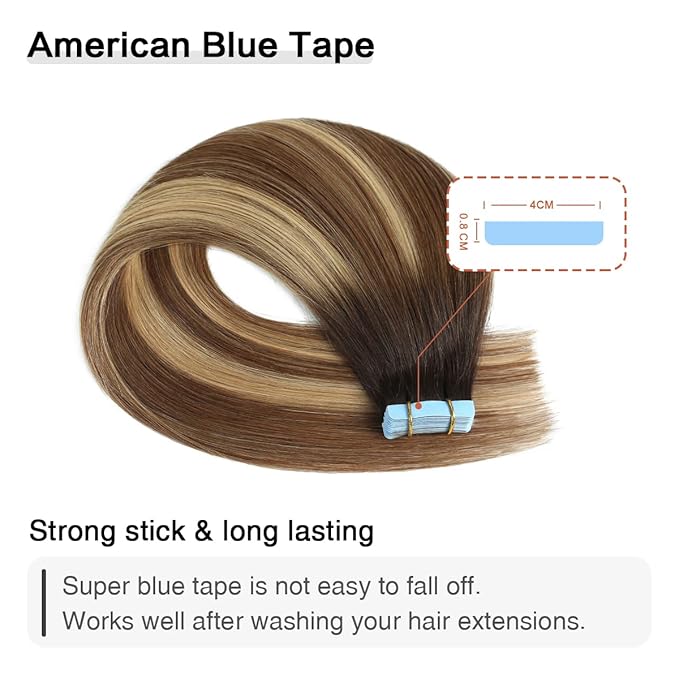 SUYYA Tape in Hair Extensions Human Hair Balayage Darkest Brown to Chestnut Brown and Light Blonde 12 Inch 40g/pack 20pcs Straight Seamless Skin Weft Tape in Extensions(12inch #P6/16/T2)