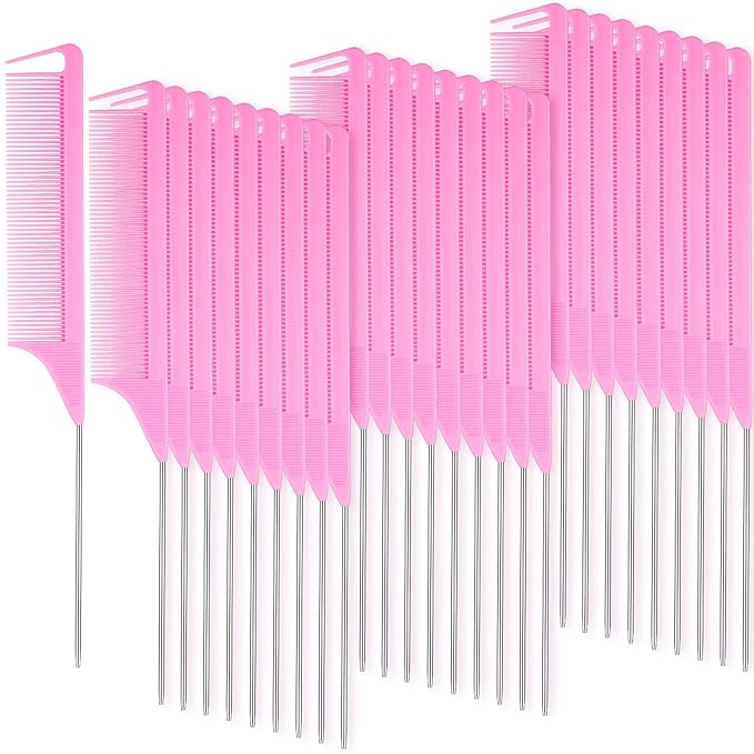 Patelai 30 Pieces Rat Tail Combs Bulk, Hair Teasing Fine Tooth Pintail Combs Braiding Hair Styling Tools with Steel Pin for Stylists Salon Teasing Sectioning Coloring Detangling(Pink)