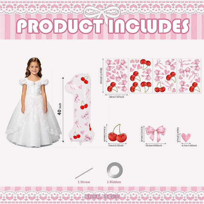 1st Birthday Cherry Balloon, 40 Inch Number 1 DIY Pink Party Decor | Cherry - Image 3