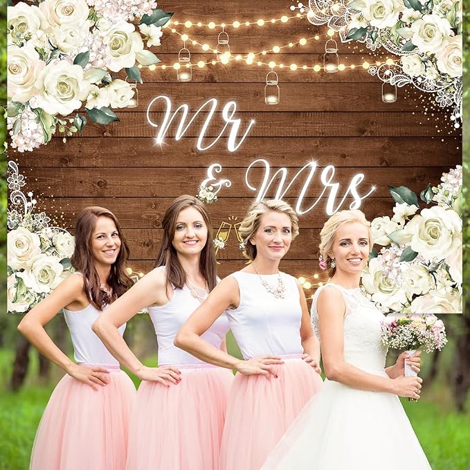 MEHOFOND 8x6ft Mr and Mrs Bridal Shower Backdrop Wedding Decorations Rustic - Image 6