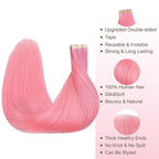 GOO GOO Tape in Hair Extensions Human Hair, Peach Pink, 18inch 25g 10pcs, Colored Tape ins Human Hair Extensions, Silky&Soft Invisible Tape Ins, Hair Highlighted for Party