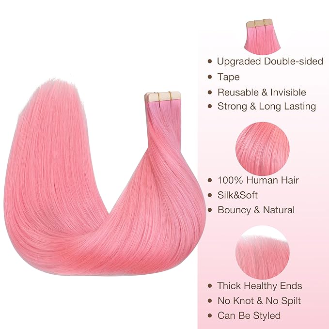 GOO GOO Tape in Hair Extensions Human Hair, Peach Pink, 18inch 25g 10pcs, Colored Tape ins Human Hair Extensions, Silky&Soft Invisible Tape Ins, Hair Highlighted for Party