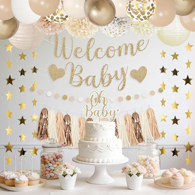 Amandir Neutral Baby Shower Decorations Welcome Baby Banner | Beige Balloons - Image 7