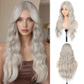 Long Wavy Gray Wig with Curtain Bangs for Women 26 Inch Silver Gray Synthetic Wig Natural Looking Heat Resistant Fiber Hair Wigs for Daily Party Halloween Cosplay Use