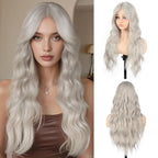 Long Wavy Gray Wig with Curtain Bangs for Women 26 Inch Silver Gray Synthetic Wig Natural Looking Heat Resistant Fiber Hair Wigs for Daily Party Halloween Cosplay Use