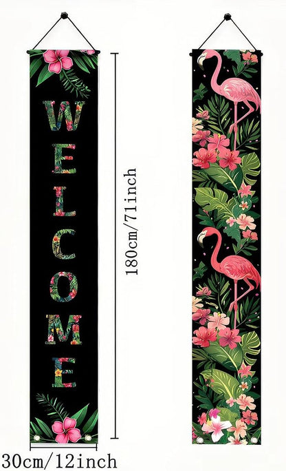 BlissYard 2pcs Black Pink Flamingo Door Banner Summer Hawaiian Porch Banners - Image 2