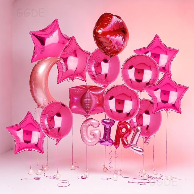 Hot Pink Round Balloons Star Balloon Let's Go Girls Pink Themed Party 10Pcs | - Image 4