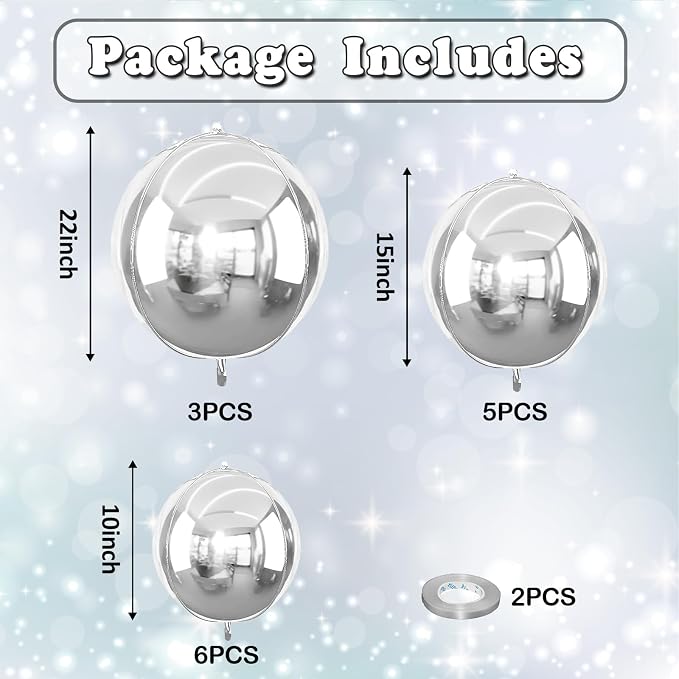 14 Pcs Silver Round Foil Balloons 22/15/10 4D Ball Balloons Metallic Silver - Image 2