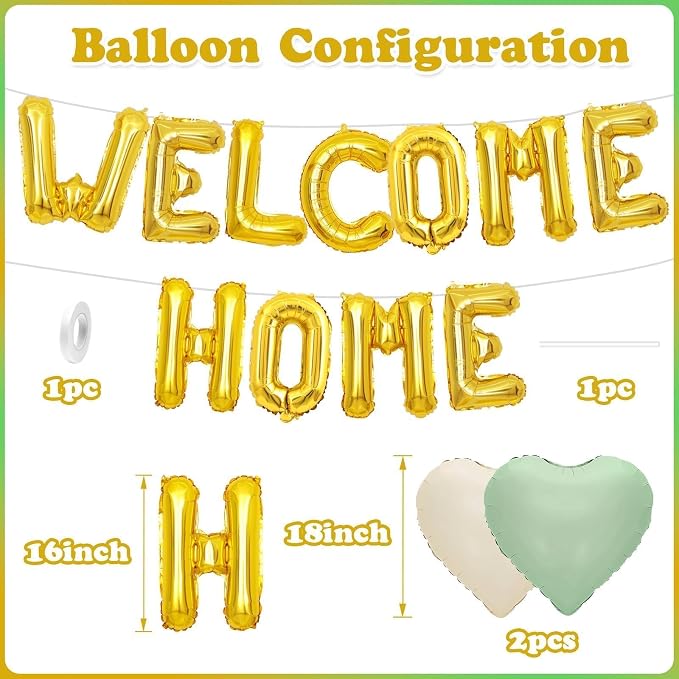Welcome Home Balloons Green Gold, 16Inch Welcome Home Foil Balloons Banner - Image 2