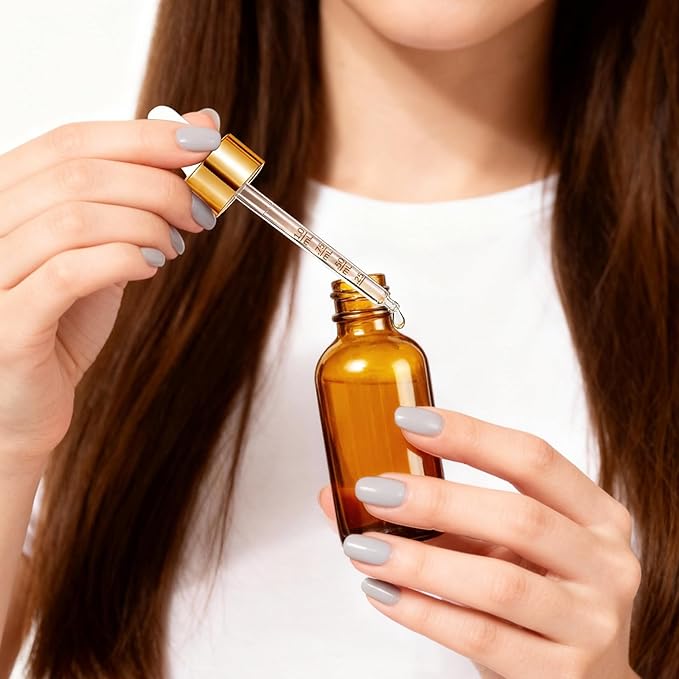 Bumobum Dropper Bottle 2 oz, 2 pack Amber Glass Eye Dropper Bottles with Golden Cap, Labels and Funnel, Tincture Bottle with Measured Cosmetic Dropper - Leakproof Essential Oils Bottles