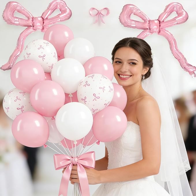 Pink Bow Balloons, Light Pastel Pink White Bow Print Balloons - Image 8