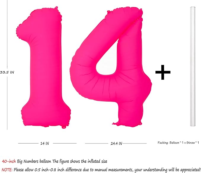 Pink Birthday Number 14 Balloons 40IN Fluorescent Pink 41 Foil Balloon | - Image 2