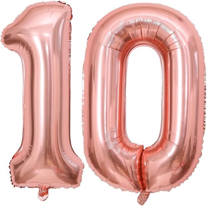 Rose Gold 10 Number Balloons, 40 Inch Giant Number 10 Balloons Foil Mylar by Lovoir