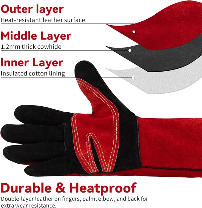 Fireplace Welding Gloves Fire Heat Resistant16IN 932°F Fireproof Leather for Fire Pit Wood Stove Campfire Furnace BBQ Baking,Grill Oven Stick Mig Tig Gear Birthday Christmas Gift for Man L