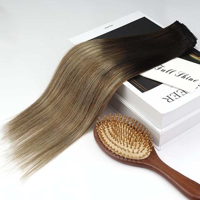 Full Shine Real Hair Clip in Extensions 20 Inch Clip in Hair Extensions Balayage Black Ombre to Blonde Mix Brown Remy Soft Hair Lace Weft Long Straight Hair 3 PCS 60 Grams