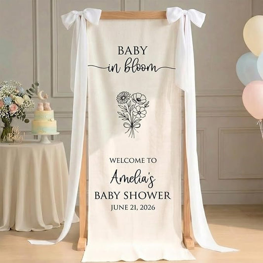 Personalized Baby in Bloom Baby Shower Fabric Welcome Sign Linen Backdrop 2 | by Unknown