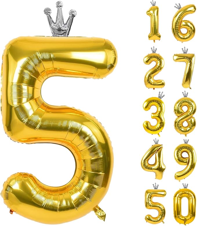 Gold Number 5 Balloon with Crown, 40 inch Gold Number Balloon 5th Birthday by Yeodong
