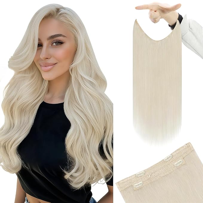 YoungSee Wire Human Hair Extensions Platinum Blonde Hair Extensions Invisible Wire Long Straight Hair Fish Line Extensions Dyable Remy Hair 100G 20 Inch