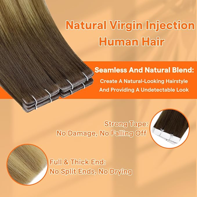 Full Shine Skin Weft Tape in Hair Extensions Human Hair Balayage Color 3/8/22 Insert Machine Remy Tape in Virgin Extensions 25Gram Injection Tape Ins Human Hair Extensions 10Pcs 20Inch