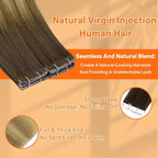 Full Shine Invisible Injected Tape in Hair Extensions Human Hair Color 3 Brown Fading to 8 And 22 Blonde Seamless Tape in Extensions 20Gram Machine Virgin Hair Extensions Tape ins 14Inch 10Pcs