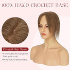 Human Hair Topper with Bangs for Women, 360° Cover Clip in Curtain Bangs Hair Toppers Hair Piece Medium Brown-3.15x4.33 Hand-tied Base (Medium Brown)