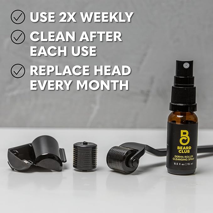 Beard Club Premium Derma Roller, Cleansing Spray & Replacement Head for Face, Body and Scalp - Microneedling Hair & Beard Roller for Men and Women with 540 Titanium Microneedles