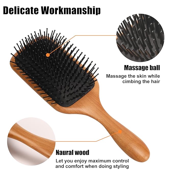 olelo Hair Brush Natural Wooden Paddle Brush, Brushes for Men & Women, Wood Hairbrush for Thick or Curly Hair, Black & Wood Square Hair Brush, Beech Massage Scalp Brush