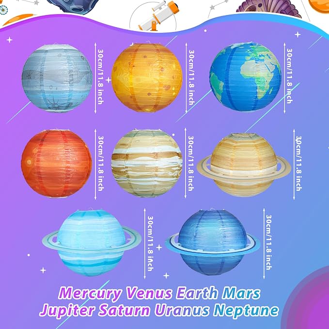 8 PCS Planet Paper Lanterns, 12 Inch Outer Space Party Decorations, Solar - Image 2