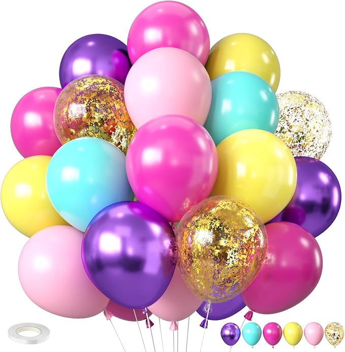 Pink Purple Blue Balloon Set, 12inch Hot Pink Yellow Purple Teal Gold Metallic by BIAPIAN