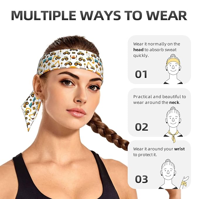 Boys Girls Cool Sports Sweat Band Head Decor for Running Athletic Spa, Long Multipurpose Cute Construction Bulldozer Excavator Head Ribbon Headdress
