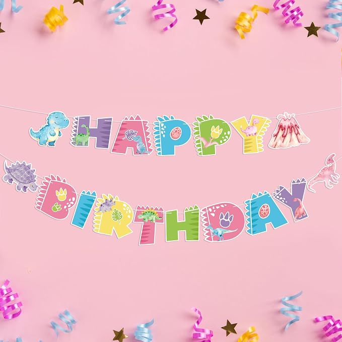 Dinosaur Happy Birthday Banner Cute Dinosaur Party Banner Pink Dinosaur - Image 4