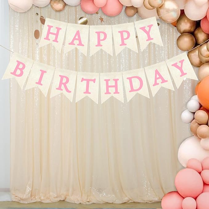Pink Happy Birthday Banner Pre-strung Burlap Bunting Party Backdrop Sign - Image 6