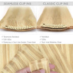 WENNALIFE Seamless Clip In Hair Extensions, 22 Inch 7pcs 150g Light Blonde Highlighted Golden Blonde Hair Extensions Clip In Real Human Hair Extensions Invisible PU Weft Human