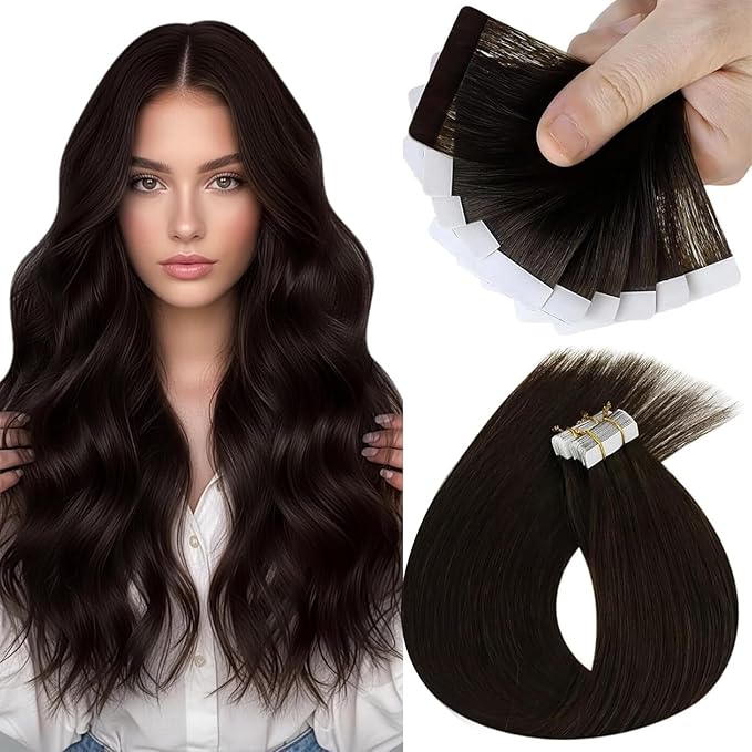 Sunny Hair Tape in Hair Extensions Real Human Hair Invisible Remy Hair Extensions Tape ins for Women Dark Brown 20 inch 25G