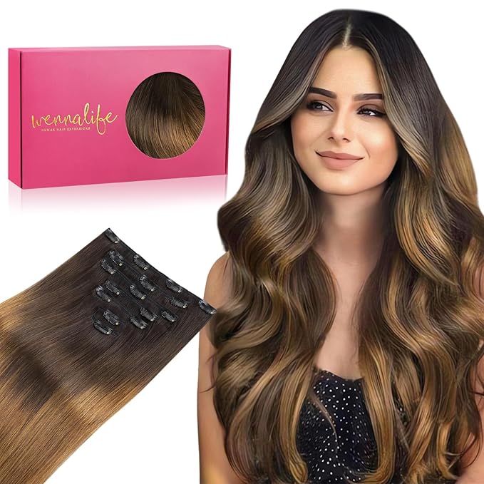 WENNALIFE Clip in Hair Extensions Real Human Hair, 22 Inch 120g 7pcs Human Hair Extensions Clip In Human Hair, Ombre Dark Brown to Light Chestnut Brown Clip In Real Hair Coloured Remy