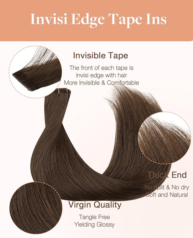 GOO GOO Invisi Edge Tape in Hair Extensions Human Hair, 4A Chocolate Brown 20pcs injected with 20pcs classical tape ins, 18inch 100g, Virgin Remy Hair, Natural Look
