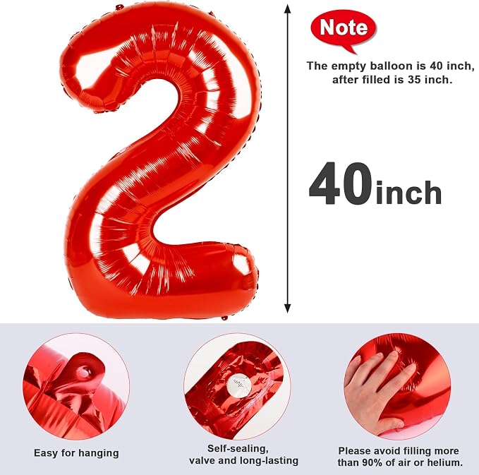 2 Balloon Numbers 40Inch Two Balloons Red Party Decorations - Image 5
