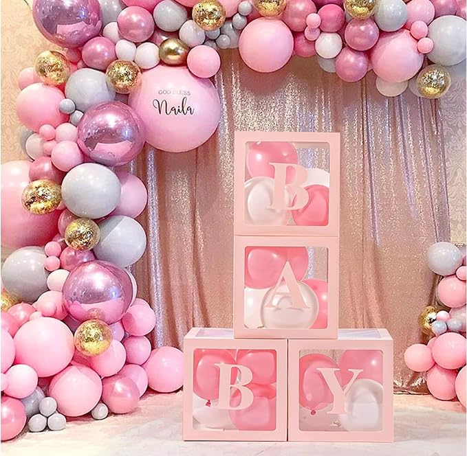 Baby Shower Boxes Party Decorations – 4 pcs Pink Transparent Balloon Boxes – - Image 7